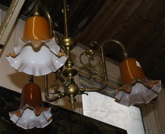 Art Nouveau 3 branch ceiling light with amber glass shades
